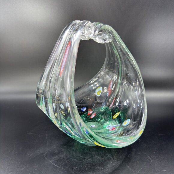 Large Art Glass Basket Bowl Centerpiece With Large Multicolor Millefiori Spots - Picture 16 of 16
